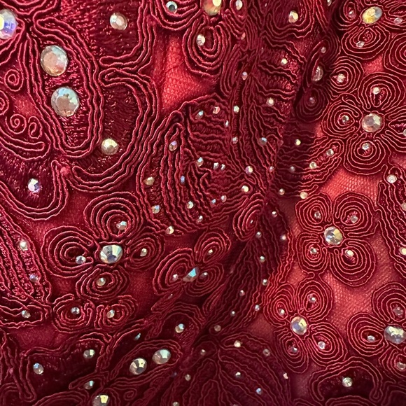 Anny Lee XS Gown Burgundy With Iridescent Embellishment Sheer Mid Section - Picture 7 of 9